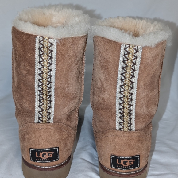 UGG Shoes - UGG Brown Sheepskin Boots with Embroidered Detail